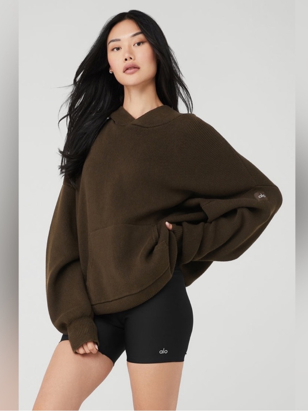 ALO Scholar Hooded Oversized Cotton Ribbed Sweater In Espresso Brown XL Unisex